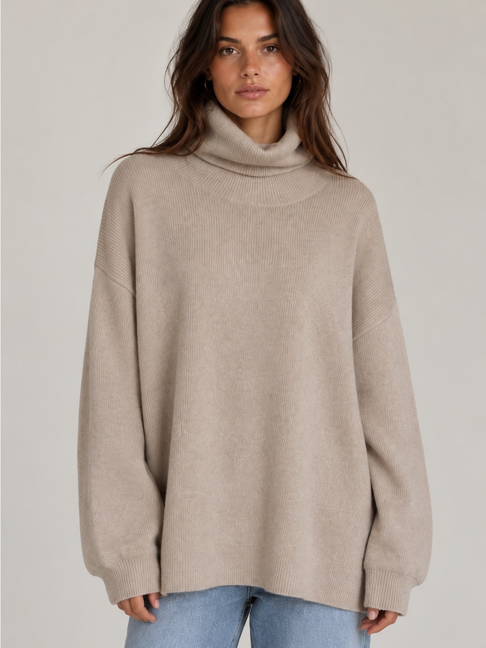Free People Relaxed Turtleneck Sweater in Taupe